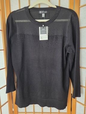 NWT CABLE & GAUGE BLACK STRETCH RAYON LIGHT KNIT DECORATED EVENING BLOUSE LARGE